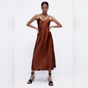 Zara satin effect brown strappy midi dress size L NWT
